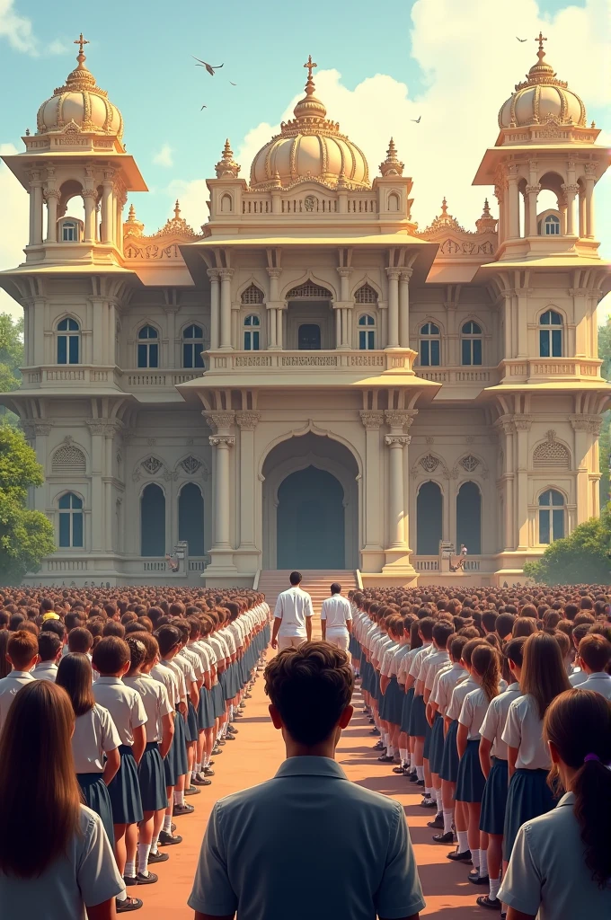 45 students and 4 teachers standing infront of mysore palace