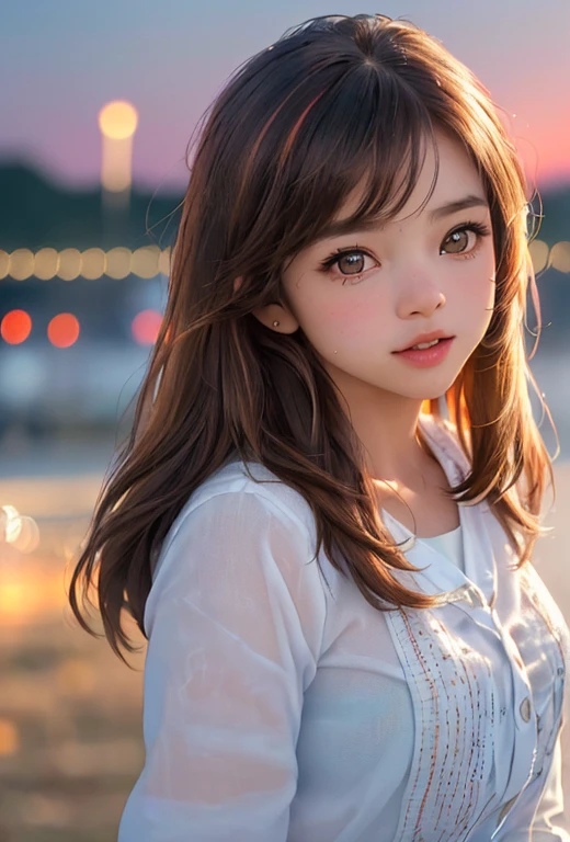 a young cute girl, around 10 years old, playful expression, mischievous look, brown hair, large eyes, dynamic angle, burning fireworks in background, sunset, (cute, adorable, charming:1.2), (realistic, photorealistic, photo-realistic:1.37), (best quality,4k,8k,highres,masterpiece:1.2),ultra-detailed,(vivid colors,bokeh)