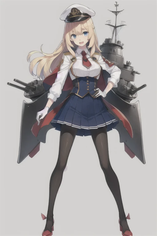 konggo \(warship girls r\),((Best quality))), ((Best quality))), ((Ultra-detailed)), ((illustration)), ((Disheveled hair)), ((frilld)), (1 girl), (Solo),,1girl, black legwear, blonde hair, blue eyes, blue skirt, breasts, cape, full body, gloves, hat, jacket, long hair, looking at viewer, machinery, medium breasts, military hat, miniskirt, necktie, open mouth, pantyhose, peaked cap, pleated skirt, rigging, shoes, skirt, smile, solo, standing, turret, weapon, white gloves, white headwear