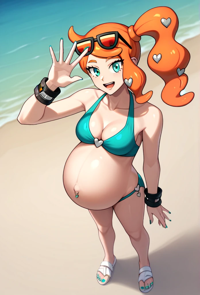 score_9, score_7_up BREAK solo,EPpkSonia,orange hair, side ponytail, aqua eyes, long hair, eyewear on head, sunglasses, heart hair ornament, aqua bikini, pregnant , big belly, Belly button piercing, cleavage, bracelet, collarbone, blue panties, nail polish, aqua nails, aqua toenails, Background beach, Posing, happy, White sandals, Rubbing belly,