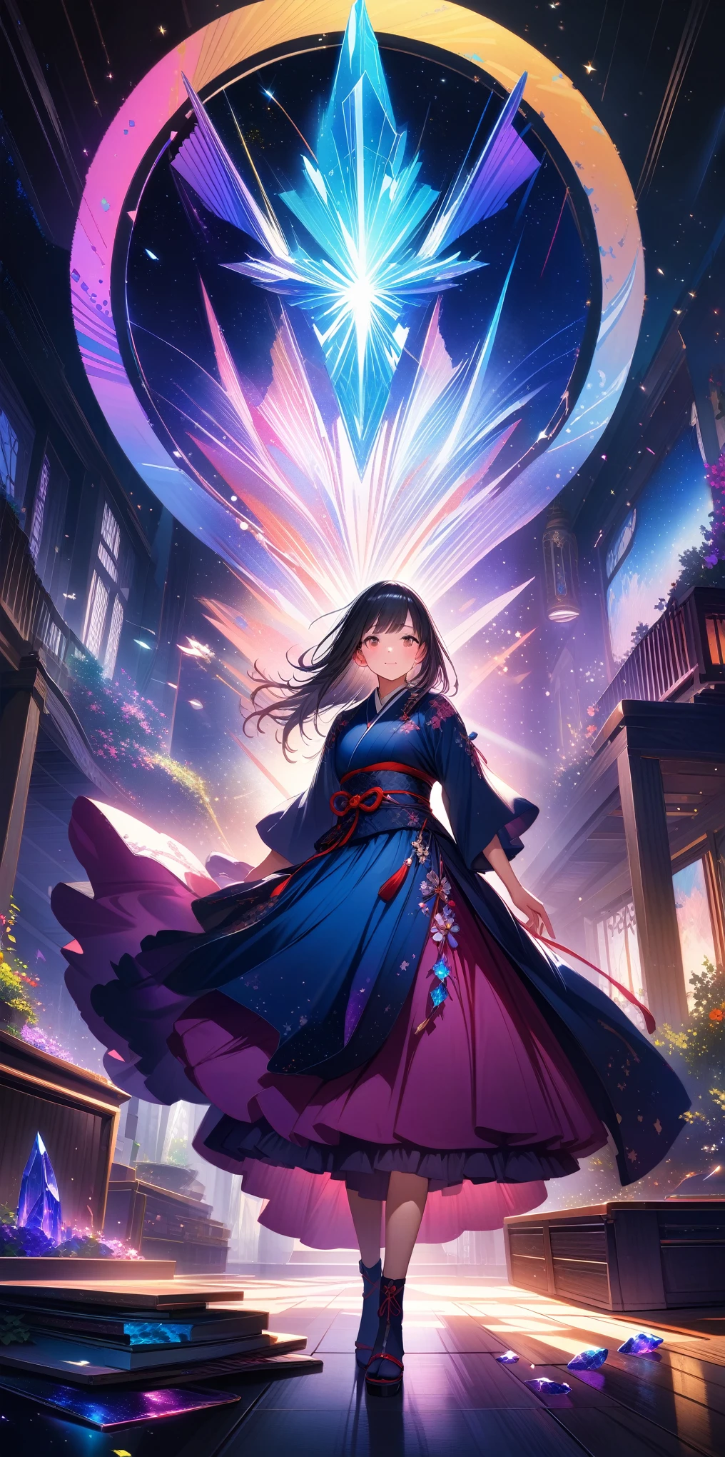A girl is dancing acrobatically in the starry sky, surrounded by constellations, on black background, white stars and lines forming constellations around her silhouette, light art installation style, high resolution, dreamy effect, fantastic scenery, minimalist design. --ar 3:4 --niji 6, A vibrant, detailed digital painting of an enchanted room filled with magical blue and purple crystal objects, tarot cards, amulets, runes on the walls, shelves, tables, couches, windows, magical artifacts like glowing crystals, ornate wooden furniture. The color scheme is vivid and striking, creating a dreamy atmosphere. colorful illustrations, highly detailed, high resolution, natural lighting, sharp focus, highly detailed illustration, high definition, in the style of octane rendering, hyper realistic. --ar 3:4 --niji 6, (((japanese style))), ((32k)), ((best quality)), ((ultra high res)), ((HDR)), ((UHD)), ((extremely detailed CG)), ((unity 32k wallpaper)), ((illustration)),