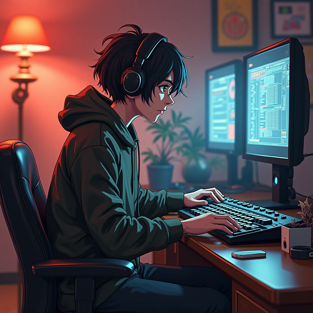 1boy, german, fat, keyboard crasher, from side,