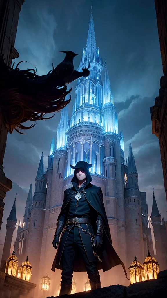 A layer of "Shadows of the Past" features a night scene of Eldoria, with a magical city of illuminated towers and an atmosphere shrouded in shadows. Em primeiro plano, Aric is in a detective pose, with an intense gaze and an amulet shining in his hand. Next to you, Seraphina appears partially shrouded in shadows, with a magical aura that makes it stand out. The title is displayed in large, stylized letters at the top, with a font that evokes a feeling of mystery and magic. The dark background and bright details create a dramatic contrast, reflecting the tone of the story.