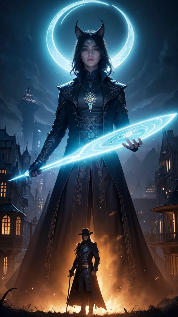A layer of "Shadows of the Past" features a night scene of Eldoria, with a magical city of illuminated towers and an atmosphere shrouded in shadows. Em primeiro plano, Aric is in a detective pose, with an intense gaze and an amulet shining in his hand. Next to you, Seraphina appears partially shrouded in shadows, with a magical aura that makes it stand out. The title is displayed in large, stylized letters at the top, with a font that evokes a feeling of mystery and magic. The dark background and bright details create a dramatic contrast, reflecting the tone of the story.