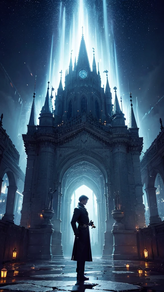 A layer of "Shadows of the Past" features a night scene of Eldoria, with a magical city of illuminated towers and an atmosphere shrouded in shadows. Em primeiro plano, Aric is in a detective pose, with an intense gaze and an amulet shining in his hand. Next to you, Seraphina appears partially shrouded in shadows, with a magical aura that makes it stand out. The title is displayed in large, stylized letters at the top, with a font that evokes a feeling of mystery and magic. The dark background and bright details create a dramatic contrast, reflecting the tone of the story.