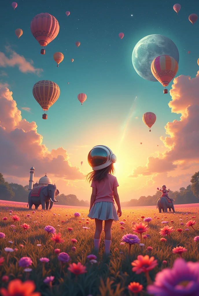 Vast landscape photography , (A view from Top, floating clouds above and the North Indian wide fields below), A girl standing in a flower field looking up, she is holding an Astronaut Mask, surrounded by colorful hot air balloons, (Elephants with butterfly wings: 2.2), (Clowns with big Hat: 2.2), (A small Pet Dog walking with the girl: 2.3), (full fantasy glowing Moon:2.2), (Taj Mahal:2.1),(Kutub Minar:1.2)( shooting star:0.9), (nebula:1.3), Distant Mountain, Tree break Production Art, (Warm light source:1.2), (fire Fly:1.2), lamp, Lots of purple and orange, Intricate details, Volumetric lighting, Realism Break (masterpiece:1.2), (highest quality), 4K, Super detailed, (Dynamic configuration:1.4), Very detailed, Colorful details,( Rainbow-colored:1.2), (Shining Lights, Atmospheric lighting), dream-like, Magic, (alone:1.2), Detailed girl happy face