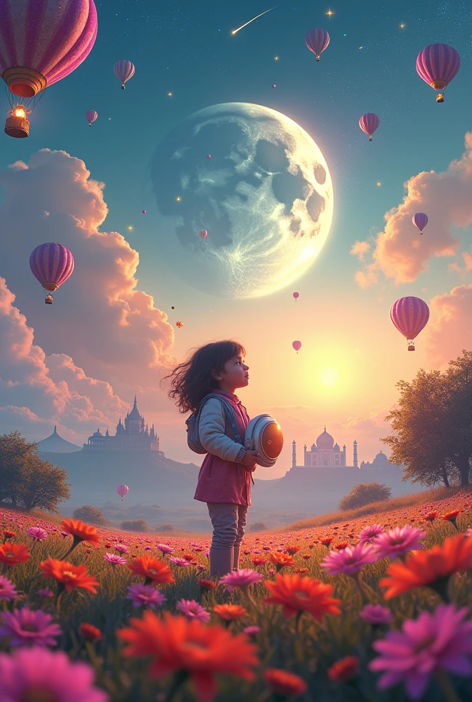 A panoramic aerial view of North Indian wide fields enveloped in floating clouds, capturing a young girl standing amidst a vibrant flower field. She gazes upwards, holding an astronaut mask, hinting at dreams of exploration and wonder. Surrounding her are whimsical elements: colorful hot air balloons floating gently, elephants dressed as clowns adding a playful touch, and flying cats and dogs that defy gravity, enhancing the dream's surreal nature. The backdrop features iconic silhouettes of the Taj Mahal and Qutub Minar under a detailed full moon and a faintly glowing nebula, creating a celestial atmosphere. A shooting star streaks across the sky, adding a sense of fleeting magic. The scene is set against distant mountains and sporadic trees, under a volumetric lighting effect that casts a warm, golden hue, akin to sunset. Additional elements like fireflies, a lamp emitting soft light, and intricate details in purple and orange tones contribute to the richness of the scene. The atmospheric lighting is dynamic, with rainbow-colored hues and shining lights that evoke a sense of enchantment and awe. The artwork is rendered in 4K resolution to capture super detailed, high-quality realism with a touch of magical surrealism, focusing particularly on the detailed expression of the girl’s face, capturing her wonder and solitude in this dream-like magical setting.,style 3D art, side pose, (Warm light source:1.2), (fire Fly:2.2), (nebula:1.3), 4K, Super detailed, (Dynamic configuration:1.4), HD Pixar detailed, Colorful details, (masterpiece:1.2), (highest quality),