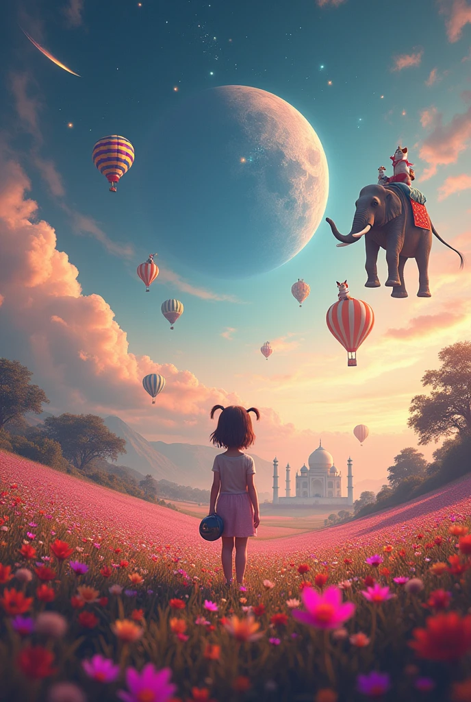 Vast landscape photography , (A view from Top, floating clouds above and the North Indian wide fields below), A girl standing in a flower field looking up, she is holding an (Astronaut Mask: 2:9), surrounded by colorful hot air balloons, (Elephant flying with butterfly wings: 2.2), (Cotton Candy Seller: 2.8), (A small cute Pet Dog walking with the girl: 2.8), (full fantasy glowing Moon:2.2), (Taj Mahal:2.1),(amusement park:2.8)( shooting star:0.9), (nebula:1.3), Distant Mountain, Tree break Production Art, (Warm light source:1.2), (fire Fly:1.2), lamp, Lots of purple and orange, Intricate details, Volumetric lighting, Realism Break (masterpiece:1.2), (highest quality), 4K, Super detailed, (Dynamic configuration:1.4), Very detailed, Colorful details,( Rainbow-colored:1.2), (Shining Lights, Atmospheric lighting), dream-like, Magic, (alone:1.2), Detailed girl happy face