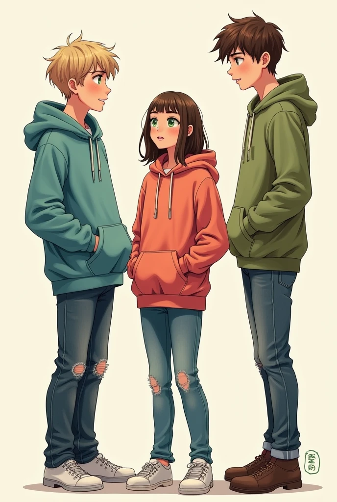3 people talking 2 boys and a girl, All 3 of them are wearing kangaroo-type sweatshirts, The girl with green eyes and bangs, hair below her shoulders and of medium height, The first boy is tall with medium-short brown hair, Brown eyes, the second boy is tall with green eyes, medium blonde hair, a sketch please, thank you, mas alta la chica y el otro chico de poleron azul igual y con Brown eyess el chico rubio ojos verdes la chica con pelo mas largo y mas alta, HIGHER and different position, not so lively, but real life, mas altala chica