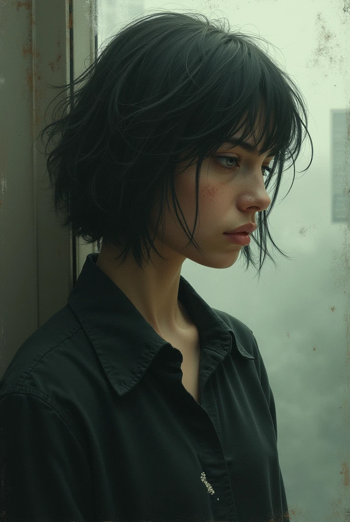 70s setting, grainy film, ultra-detailed, realistic, abstract, desperate tremor, sexual exhausted, hard breath, loosing control, hazy view, sweat, desperation, soaked t-shirt, void background, red lips, noir, messy sticky hair, bob cut, natural skin texture,