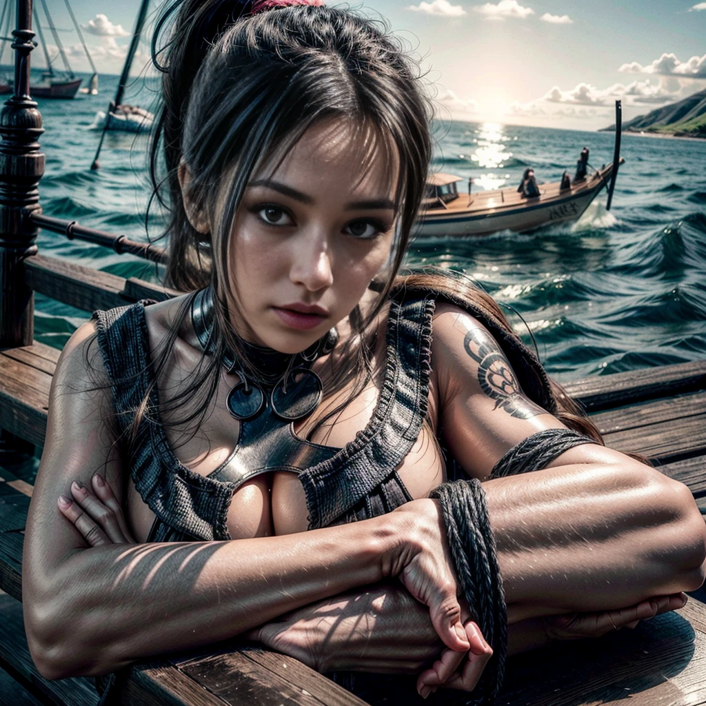 extremely beautiful Hawaiian girl, glossy eyes, ponytail, small tattoos on chest, subtle makeup, photorealistic, high contrast, 8k HD, detailed, hyper-detailed, realistic skin texture, oily skin,long hair, crop top, side slit, long sleeves, large breast, best quality, ultra high res, raw photo, dramatic lighting, unreal engine, diffuse glow, dynamic pose, outdoor, realistic detailed pirate ship,
