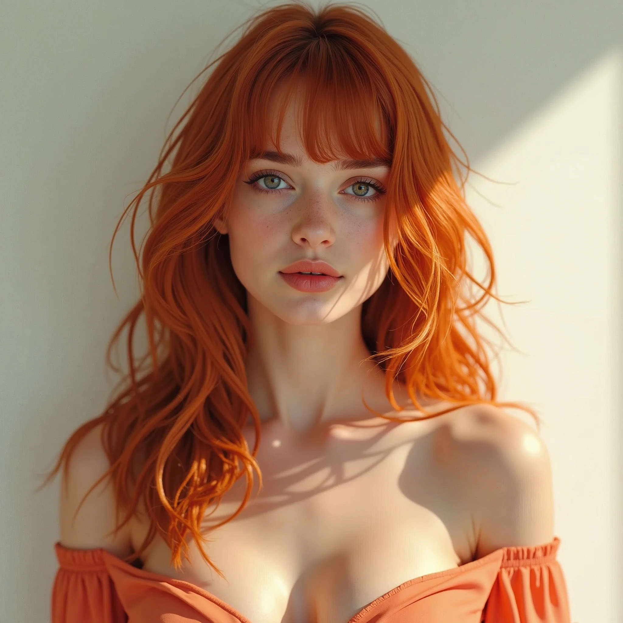 1woman , 23 years old, German girl, waist up portrait, art by Peach Momoko, digital art 8k, art by cameron gray, fantastic face, beautiful look, detailed hair, ultra focus, face illuminated, face detailed, 8k resolution, watercolor, razumov style. art by Razumov and Volegov, art by Carne Griffiths and Wadim Kashin rutkowski repin art station hyperrealism painting concept art of detailed character, 8k resolution blade runner, soft natural lighting, smooth soft skin, wearing peach over the shoulder dress, very huge breast, symmetrical, natural skin texture, soft lighting, showing her shoulders, detailed face, ginger long drill hair, bang, rosy pure skin, v-shaped slim face, rosy cheeks, cute bright smile showing her teeth, photorealism, soft pastel colors sparkling, cowboy shot, half-body shot, looking away, very sexy Mary