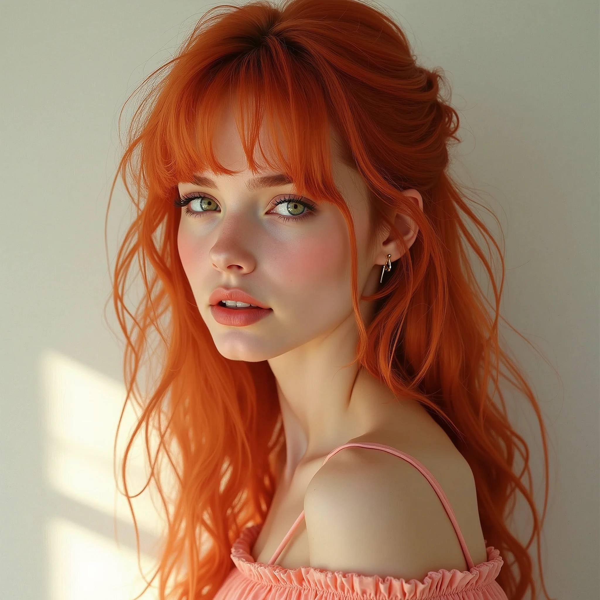 1woman , 23 years old, German girl, waist up portrait, art by Peach Momoko, digital art 8k, art by cameron gray, fantastic face, beautiful look, detailed hair, ultra focus, face illuminated, face detailed, 8k resolution, watercolor, razumov style. art by Razumov and Volegov, art by Carne Griffiths and Wadim Kashin rutkowski repin art station hyperrealism painting concept art of detailed character, 8k resolution blade runner, soft natural lighting, smooth soft skin, wearing peach over the shoulder dress, very huge breast, symmetrical, natural skin texture, soft lighting, showing her shoulders, detailed face, ginger long drill hair, bang, rosy pure skin, v-shaped slim face, rosy cheeks, cute bright smile showing her teeth, photorealism, soft pastel colors sparkling, cowboy shot, half-body shot, looking away, very sexy Mary
