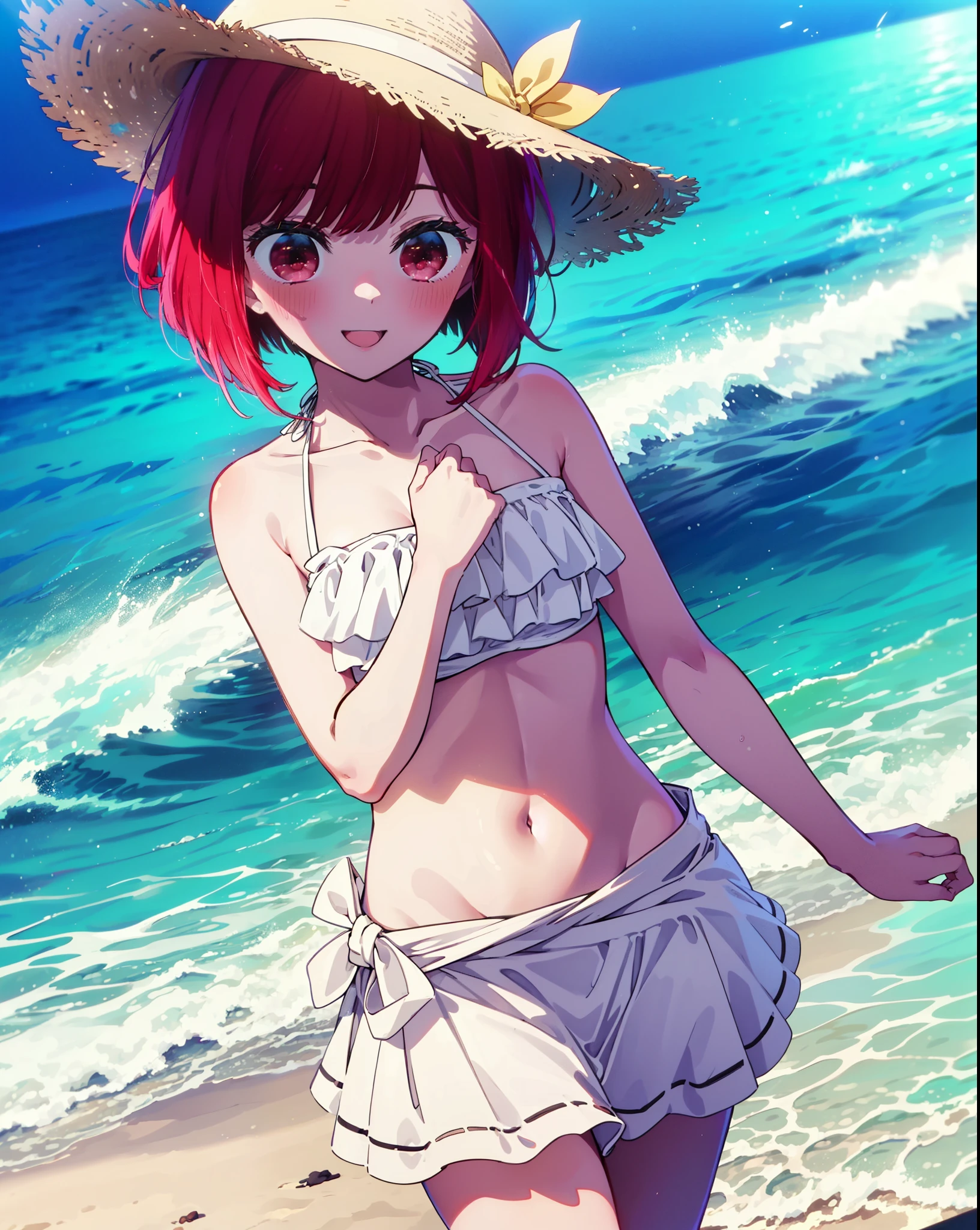 canary, Arima etc., short hair, bangs, (Red eyes:1.3), Redhead, Bobcut, Straw hat,smile,Open your mouth,blush,White string bikini swimsuit with frills,Belly button,abdomen,A thin long skirt is wrapped around her waist,barefoot,Sandy Beachに立っている,whole bodyがイラストに入るように,
break outdoors, Sandy Beach,Beach,
break looking at viewer,whole body,
break (masterpiece:1.2), Highest quality, High resolution, unity 8k wallpaper, (figure:0.8), (Beautiful attention to detail:1.6), Highly detailed face, Perfect lighting, Highly detailed CG, (Perfect hands, Perfect Anatomy),