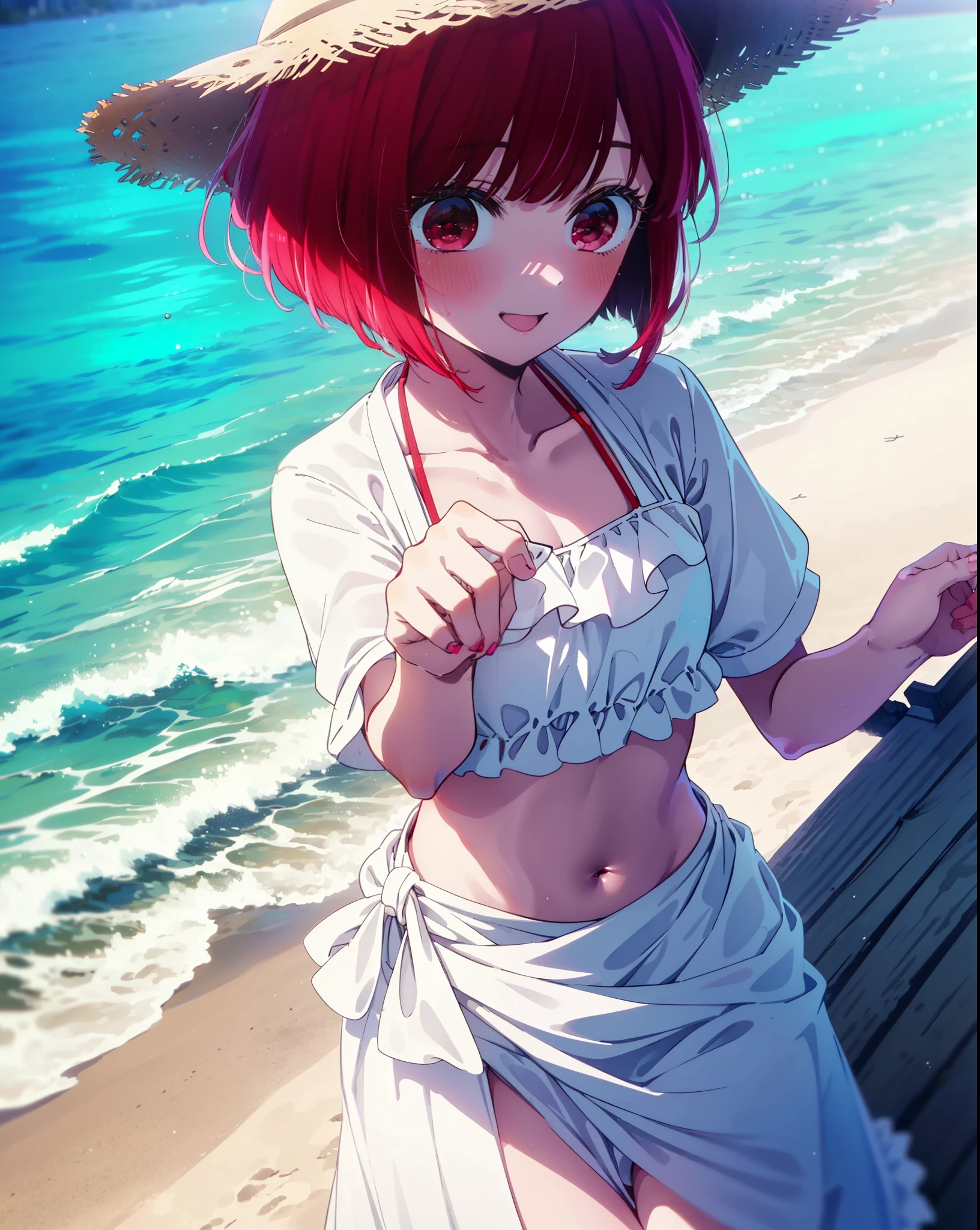 canary, Arima etc., short hair, bangs, (Red eyes:1.3), Redhead, Bobcut, Straw hat,smile,Open your mouth,blush,White string bikini swimsuit with frills,Belly button,abdomen,A thin long skirt is wrapped around her waist,barefoot,Sandy Beachに立っている,whole bodyがイラストに入るように,
break outdoors, Sandy Beach,Beach,
break looking at viewer,whole body,  
break (masterpiece:1.2), Highest quality, High resolution, unity 8k wallpaper, (figure:0.8), (Beautiful attention to detail:1.6), Highly detailed face, Perfect lighting, Highly detailed CG, (Perfect hands, Perfect Anatomy),