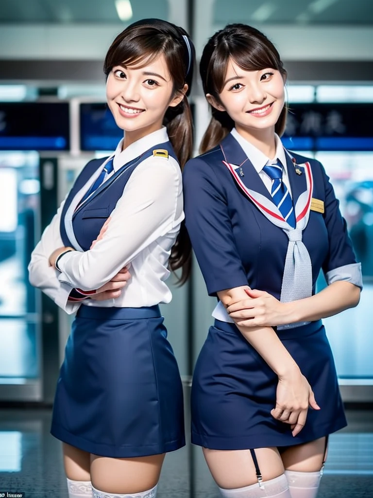 (A close-up photo of two Japanese flight-attendants), (Cabin-crew), 20-years-old, (standing closely), (In the airport), (Both smiling), (Both looking at the camera), best quality, masterpiece, (Wearing white tight stewardess uniform), ((Both lifting up skirt and exposing panties and stockings)), (((Double eyelids))), Bangs down, (earrings), ((Big beady eyes)), Hair tied-up