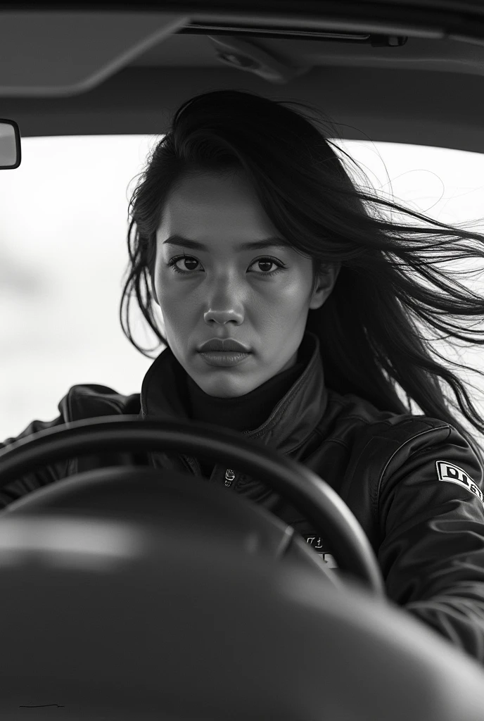 A white woman with long black hair is a drift driver, black and white image