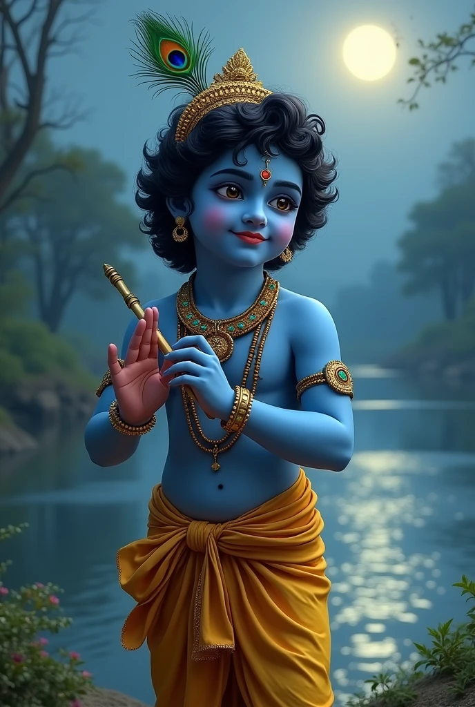 Create a captivating and serene image of Lord Krishna, the Hindu deity, depicted as a young and radiant figure. He should be standing by the banks of the Yamuna River, under a moonlit sky. Krishna's complexion should be a deep, mesmerizing blue, symbolizing his divine nature. He should be adorned with traditional jewelry, including a peacock feather in his crown, and wearing a golden-yellow dhoti. His expression should be gentle and compassionate, with a hint of a smile. In one hand, he holds a flute, ready to play, while the other hand is in a blessing gesture. The background should include lush greenery, with the Yamuna River flowing gently and a soft glow of moonlight reflecting on the water. The scene should exude a sense of peace, divinity, and the eternal beauty of Lord Krishna."
Image Specifications:
Size: 1024x1024 (square)
Number of images: 1