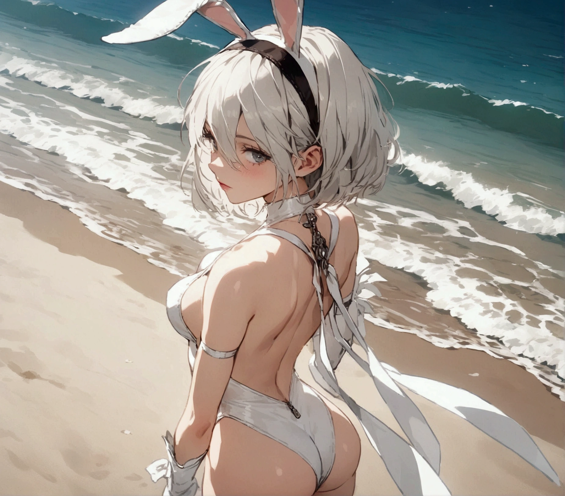 Best Quality, 2B Nier Automata, bunny bodysuit with backless design and zipper, Whole body, without underwear or briefs, sexy clothes, on the beach