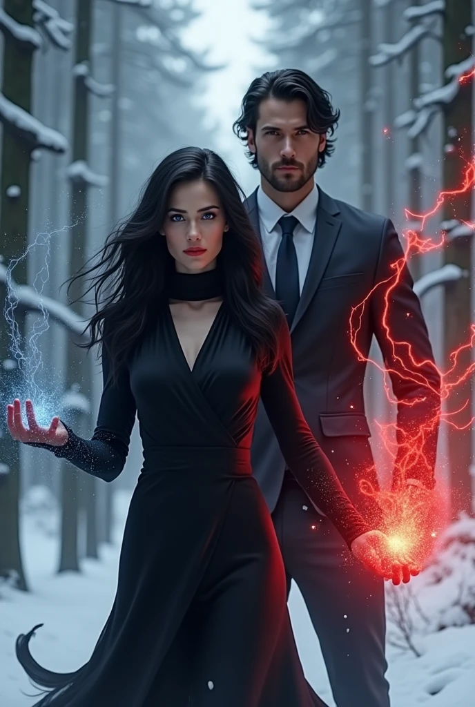 women, long wavy black hair, blue eyes, full lips, black high neck dress, Red energy coming out of it, in a snowy pine forest, man in suit, muscular, medium wavy black hair, blue eyes, with black energy coming out of it, In the background, a hooded man with his face covered, dressed in black
