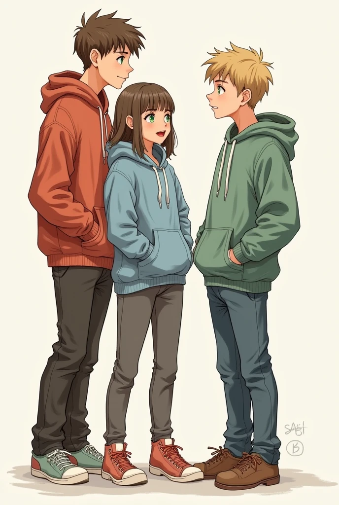 3 people talking 2 boys and a girl, All 3 of them are wearing kangaroo-type sweatshirts, The girl with green eyes and bangs, hair below her shoulders and of medium height, The first boy is tall with medium-short brown hair, Brown eyes, the second boy is tall with green eyes, medium blonde hair, a sketch please, thank you, mas alta la chica y el otro chico de poleron azul igual y con Brown eyess el chico rubio ojos verdes la chica con pelo mas largo y mas alta, HIGHER and different position, not so lively, but real life, mas altala chica, different position 



