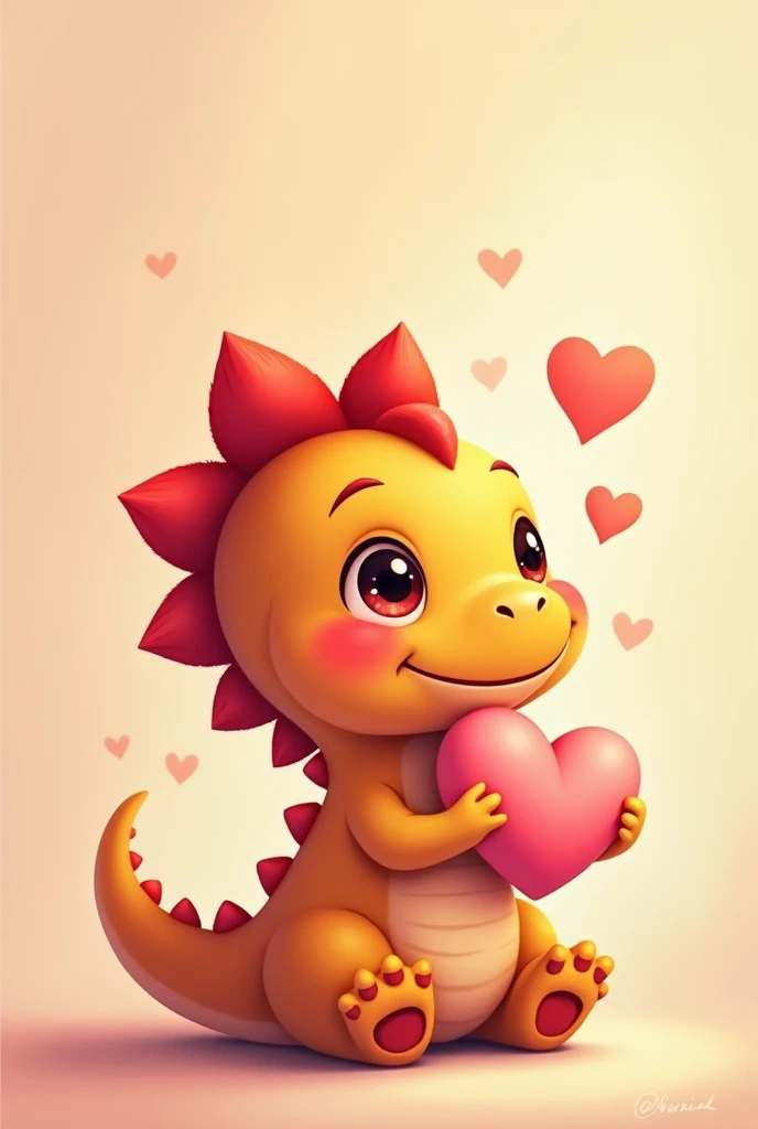 Cute and adorable dinosaur holding a heart, with red hair