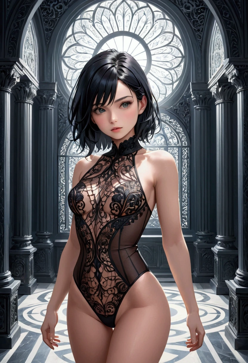 ((highest quality)),(ultra high resolution),(Super detailed),(detailed description),((best CG)),(best work of art),super precision art, great drawing art,(Art with precise details:1.5), (1 young girl:1.5), beautiful and well-shaped face:1.5,(Beautiful skin with precise and detailed depiction:1.6),(sleeveless sports bra, elastic yoga shorts ),gorgeous, masterpiece, best quality, high-resolution, finely detailed, extremely detailed and beautiful, distinct-image, 1 girl, 16 year old teenager, solo, sharp facial features, oval shaped face. cherry pink lips, lightly tanned white skin. velvet-colored eyes, C-cup breasts, tall height(175cm), slim yet chiseled body type, short shoulder length dark violet-black hair, pixie cut hairstyle, small narrow waist, long and slender legs, curvy wide hips, elegant gothic courtyard setting