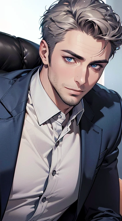 (best quality,4k,8k,highres,masterpiece:1.2),ultra-detailed,(realistic,photorealistic,photo-realistic:1.37),1 man,31 years old,mature man,very handsome,without expression,smile,short grey hair,blue eyes,penetrating gaze,perfect face without errors,imposing posture,businessman,office background,cinematic lighting,hdr image