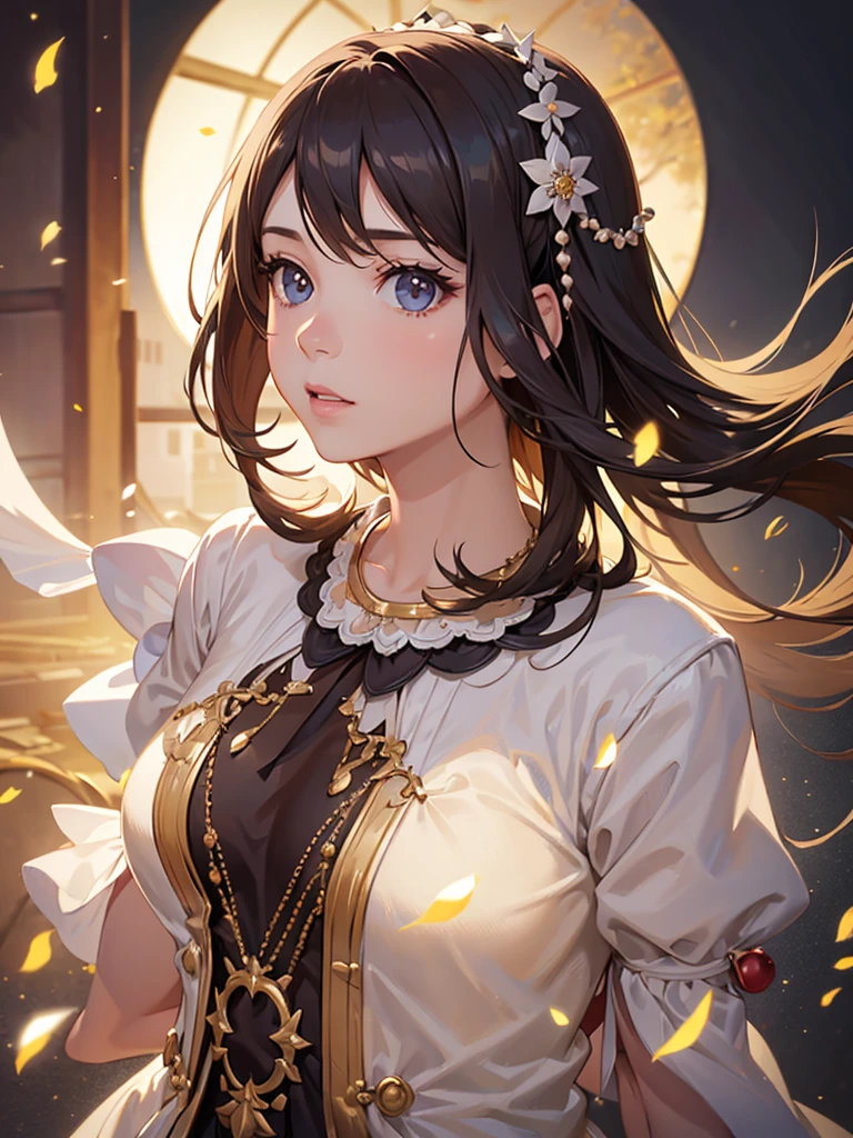 ((((Obra maestra, La mejor calidad, ultrahigh resolution)))), 1girl, standing,), ((long pure brown hair, hair over eye)), long hair cut, shiny skin, ((golden eyes)), glowing_eyes, neon eyes, (ultra detailed eyes:0.7, beautiful and detailed face, detailed eyes:0.9), ((centered)), smirk, facing viewer, ((vibrant background, dark lighting, summer, sunlight)), large chested, looking at viewer, ((half closed eyes)), ((perfect hands)), (((head:1, arms, hips in view, elbows, in view))), ((hands behind back)), empty eyes, beautiful lighting, ((outside, outdoors)), defined subject, head tilt, (((gritty)), ((creepy)), ((cool)), ((beautiful)), (((SFW))), hair ornament, petals in the air, moon in the sky, city, mature woman, adult woman, sfw, pink and white dress, night dress, she is a princess, large chest, big boobs, 
