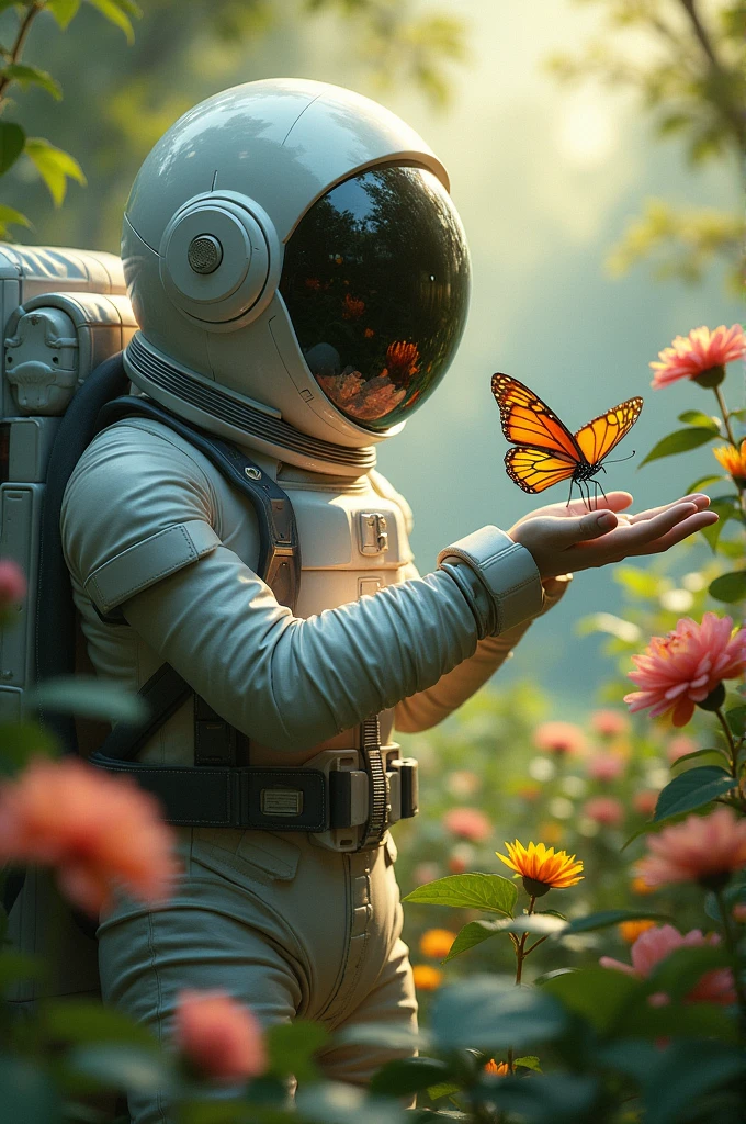 Astronaut almost touching a butterfly in the garden Helmet with large lens reflecting the environment