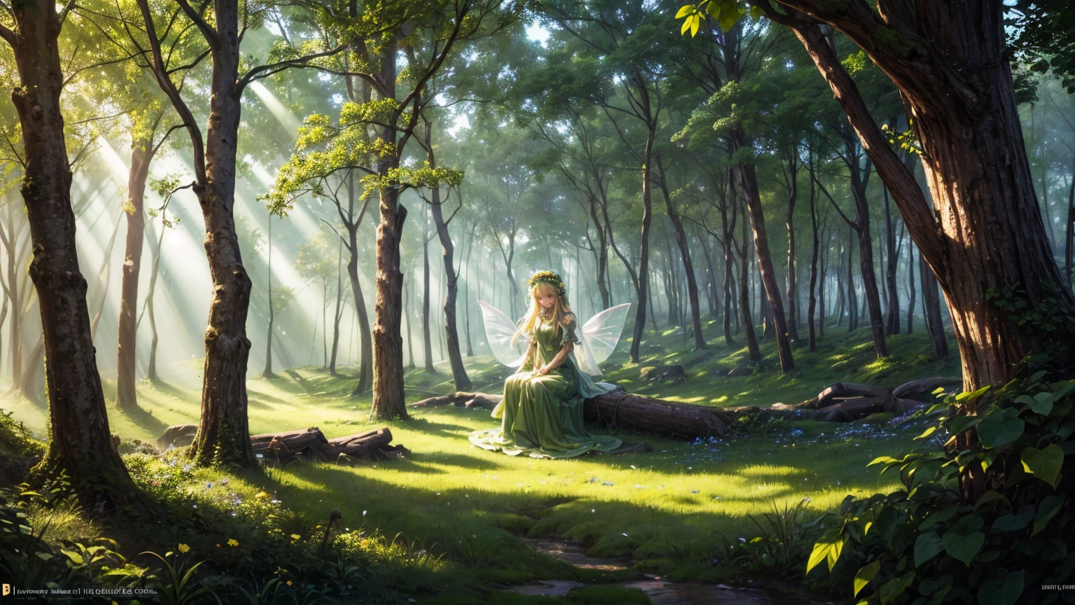 ( Absurd, high quality, Very detailed, masterpiece, Concept Art, Smooth, Very detailedアートワーク, Hyperrealistic Painting ) ,In the magical forest, wood々Beautiful sunlight shines through the. in the center, Fairy woman with long blonde hair sitting on a mossy rock, Wearing a green dress and a flower crown. Translucent fairy wings gracefully stretch out from her back.. The overall atmosphere is magical and serene, Highlight the beauty of the surrounding nature.