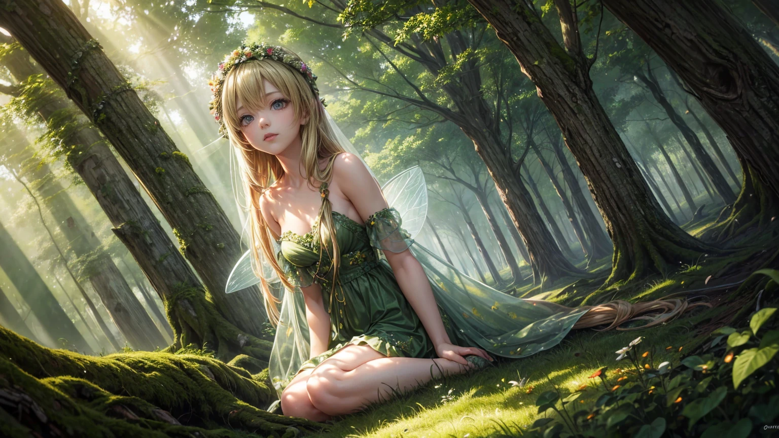 ( Absurd, high quality, Very detailed, masterpiece, Concept Art, Smooth, Very detailedアートワーク, Hyperrealistic Painting ) ,In the magical forest, wood々Beautiful sunlight shines through the. in the center, Fairy woman with long blonde hair sitting on a mossy rock, Wearing a green dress and a flower crown. Translucent fairy wings gracefully stretch out from her back.. The overall atmosphere is magical and serene, Highlight the beauty of the surrounding nature.