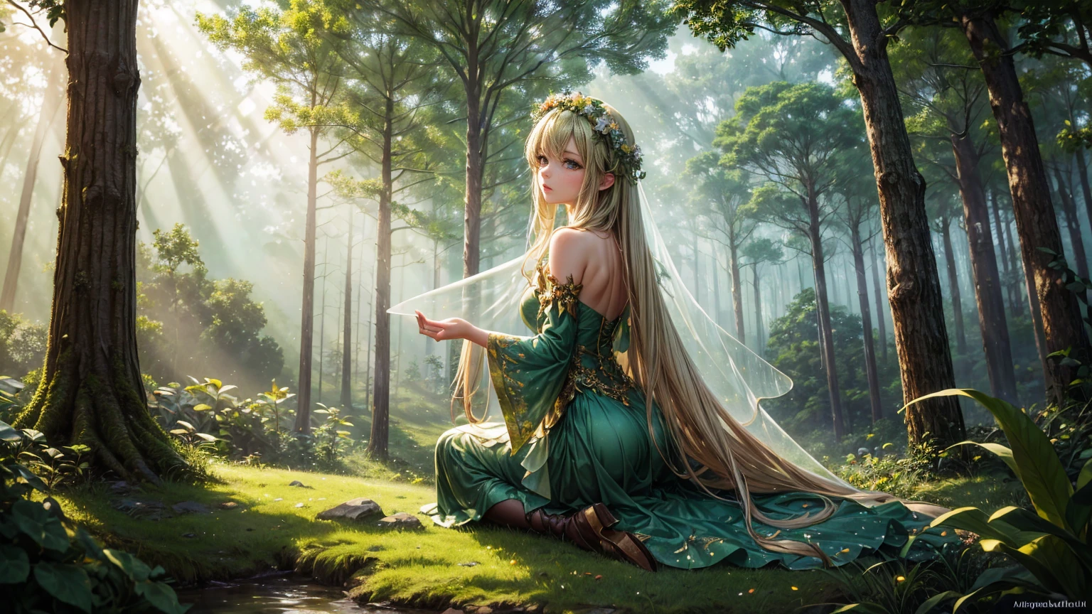 ( Absurd, high quality, Very detailed, masterpiece, Concept Art, Smooth, Very detailedアートワーク, Hyperrealistic Painting ) ,In the magical forest, wood々Beautiful sunlight shines through the. in the center, Fairy woman with long blonde hair sitting on a mossy rock, Wearing a green dress and a flower crown. Translucent fairy wings gracefully stretch out from her back.. The overall atmosphere is magical and serene, Highlight the beauty of the surrounding nature.
