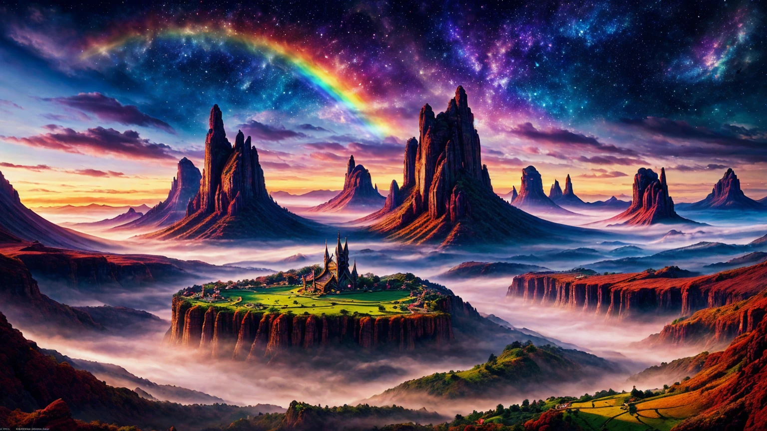 Fantasy, Rainbow Valley, (Elven Village)++, Surreal, beautiful, 32K, 超High resolution, 16K+, hair, Highest quality, masterpiece, very beautiful, perfectionionism, maximum detail, Soft Shadows, Expressive, perfection, Intricate details, Sharp focus, Super detailed, Cinematic, Movie stills, Celestial, Crystalline, Volumetric lighting, Caustics, Absurd, Natural wonders, Expressive, Looks good and makes a good impression, dramatic, Atmospheric, High resolution, Amazing details, Otherworldly, dream-like, beautiful, Mysterious, 超High resolution, sunlight, Rays of light at dusk, Techniscope, The Magic of Creation, Mysterious creation, Particle Stream