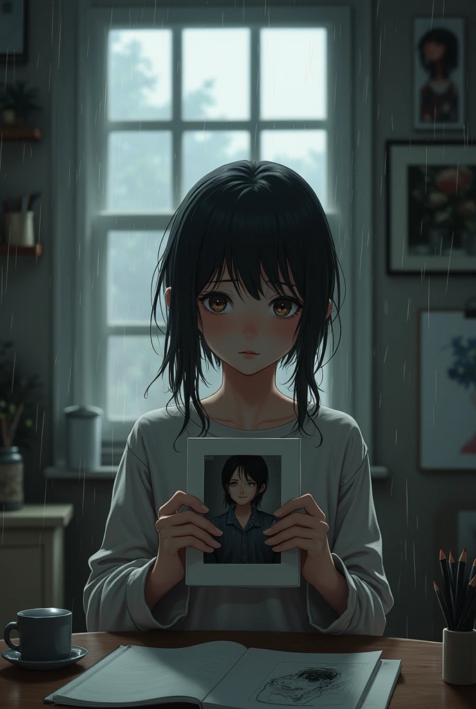 An Artist Girl having sketches around her, pencils in her hands and a photo of her boyfriend in her hand, crying in rain. In room. But rain outside, room have window. 