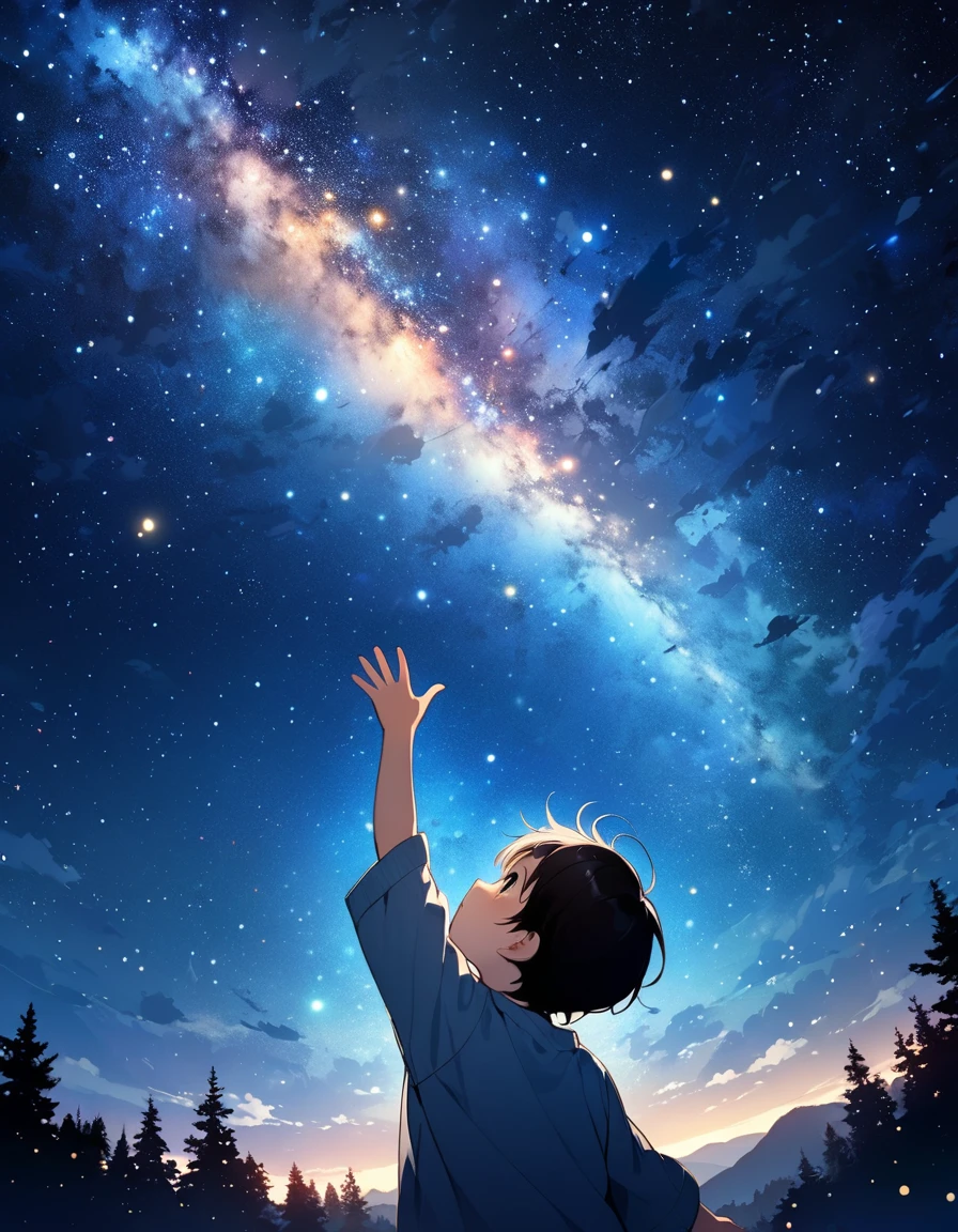 Beautiful image of a child raising his hand to the sky trying to reach the starry sky on a beautiful night.