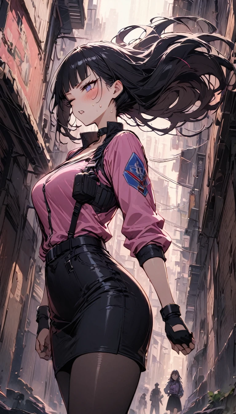 {{standing on one knee:1.6}},{{knee up:1.6}},{{Hold one hand on the side of the body:1.6}},Dynamic composition,dutch angle,from below,from side,solo,170cm tall female, theatrical animation style,{{Black pantyhose:1.2}}, Power Rangers pre-transformation heroine,{{Futuristic zip-up police shirts　with collar}}, Long-sleeved shirt with rolled-up arms,{{Pink-based shirt:1.6}},pink shirt,BLACK　PENCIL SKIRT, BLACK SKIRT,,{{small face:1.8}},{{Grit your teeth:1.4}},{{fighting stance:1.6}}{{fight:1.6}}{{masterpiece}}, {{{Highest quality}}},{{Very detailed}},{{Pain ,Suffering}},one eye closed,{{critical situation:1.6}},{}},1girl,30years old,{Mature Woman}},{{}},{{Grit your teeth:1.4}},,{{v-shaped eyebrows}},Bad mood,blush,Sweat,raise one's eyebrows、black fingerless gloves,Bad mood,profound,Beautiful thighs,clavicle、chest holster,BLACK　Long Hair,Blunt bangs,Alley,Black Choker,belt