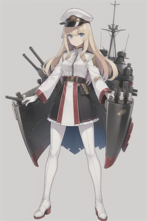 konggo \(warship girls r\),((Best quality))), ((Best quality))), ((Ultra-detailed)), ((illustration)), ((Disheveled hair)), ((frilld)), (1 girl), (Solo),,1girl, belt, black gloves, black legwear, blonde hair, blue eyes, boots, cannon, closed mouth, double-breasted, dress, full body, gloves, hat, jacket, knee boots, long hair, long sleeves, looking at viewer, machinery, military, military uniform, pantyhose, rigging, skirt, solo, standing, sword, turret, white dress, white footwear, white headwear, white jacket, Renovation