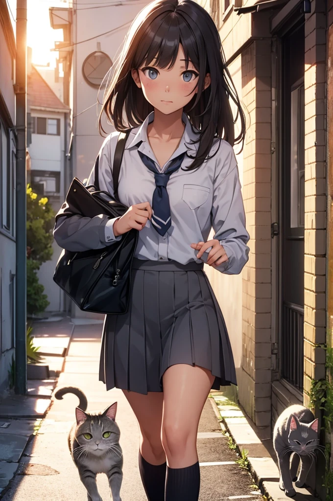 girl in school uniform petting a grey cat, alleyway, sunset, close up