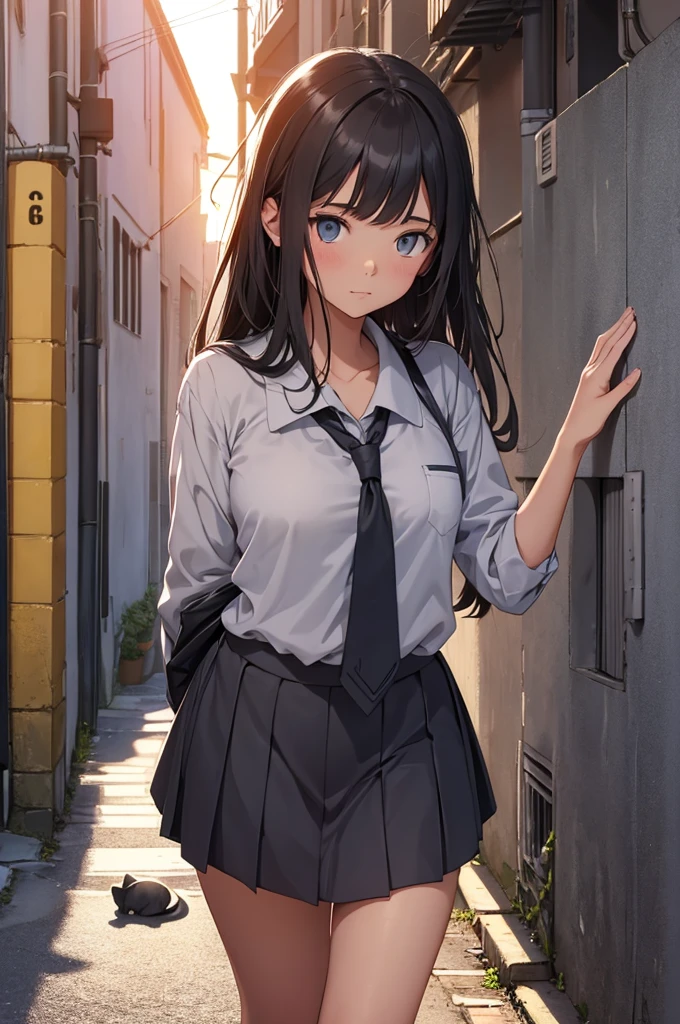 girl in school uniform petting a grey cat, alleyway, sunset, close up