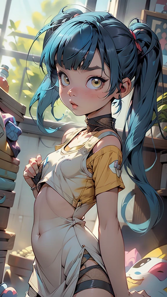 1 girl, in a tight dress, fishnet stockings ), ((flat chested, flat stomach, )), (intense colors) baby blue hair, yellow eyes, Bangs, Twintails, POV,