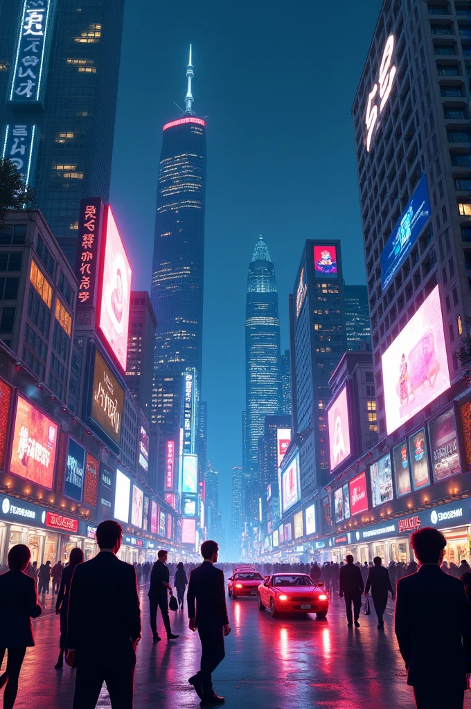 A very prosperous city, screen advertisements on the buildings, skyscrapers in the distance nighttime, cars passing by, and civilians walking on the footpath.