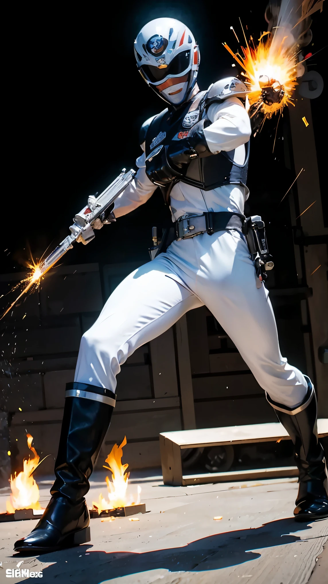 1boy, white, full body, Illustration, cinematic light, high resolution, best quality, ultra detailed, masterpiece, power suit, powerranger, suit, spd, (silver royal guard ranger suit), gold detail, holding white pistol, flowing, light armor,  martial arts, dynamics, flames, particles