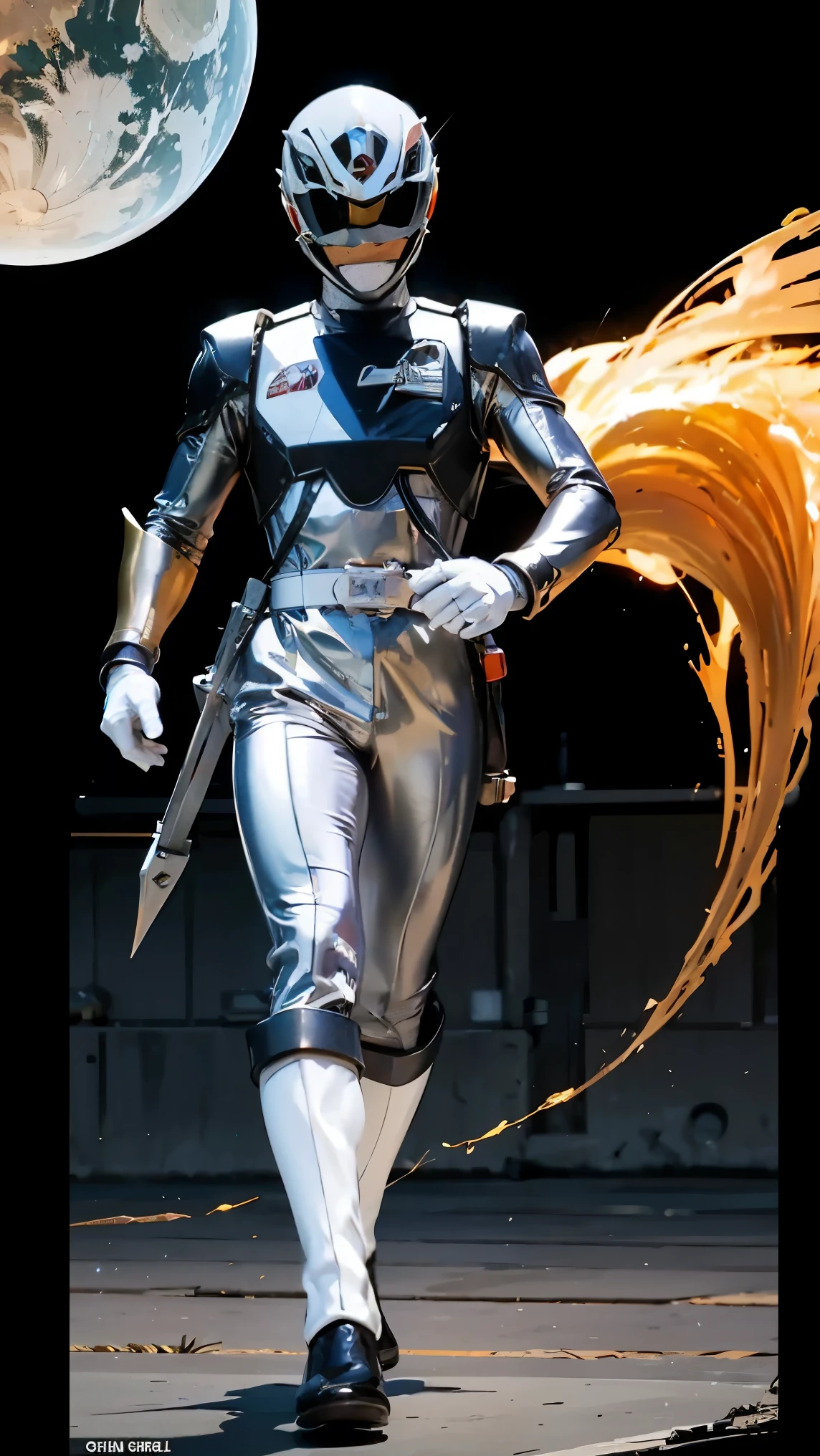 1boy, white, full body, Illustration, cinematic light, high resolution, best quality, ultra detailed, masterpiece, power suit, powerranger, suit, spd, (silver royal guard ranger suit), gold detail, holding white pistol, flowing, light armor,  martial arts, dynamics, flames, particles