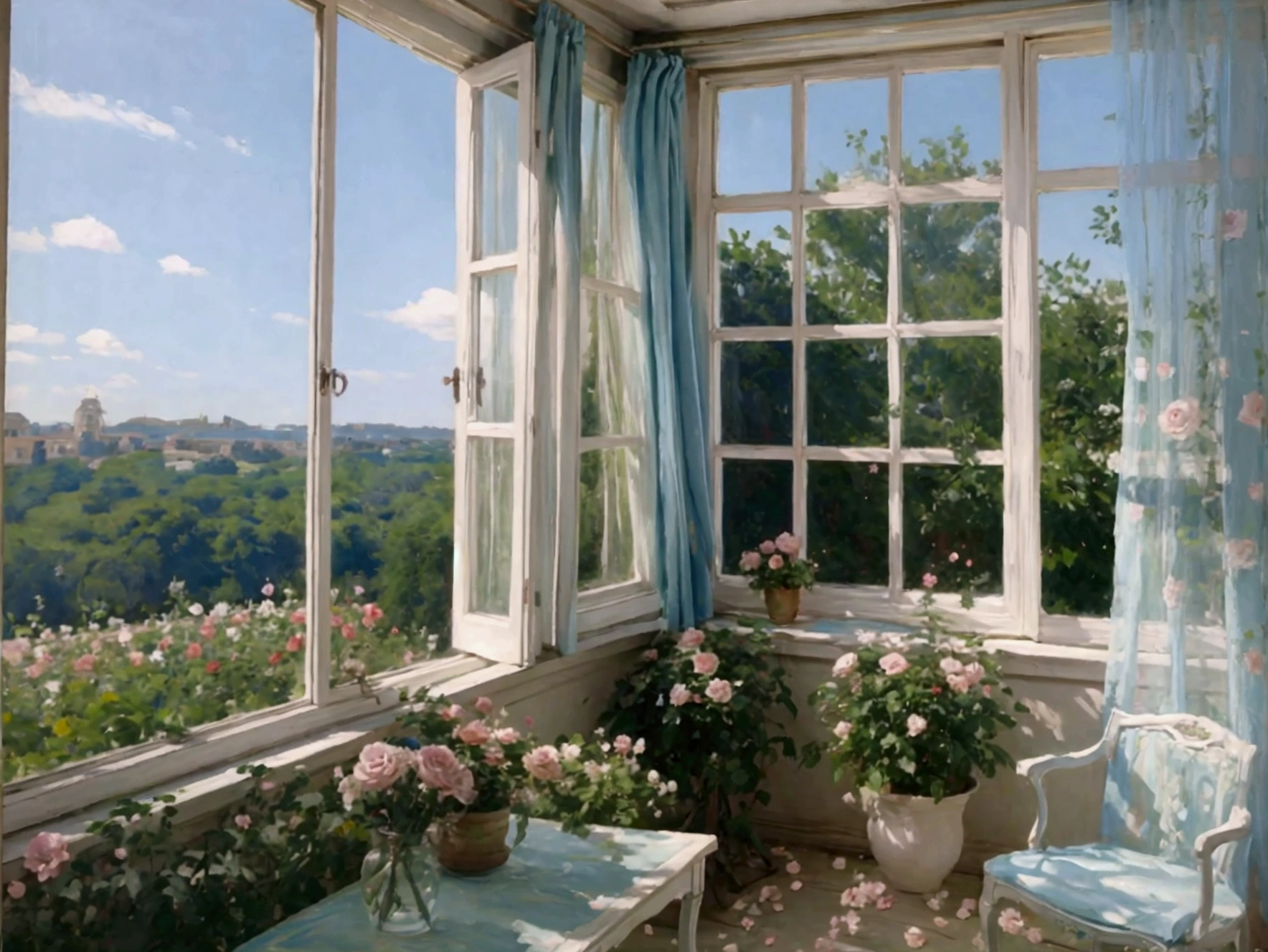 pastel colour blue room Rose garden outside the window cute race curtain