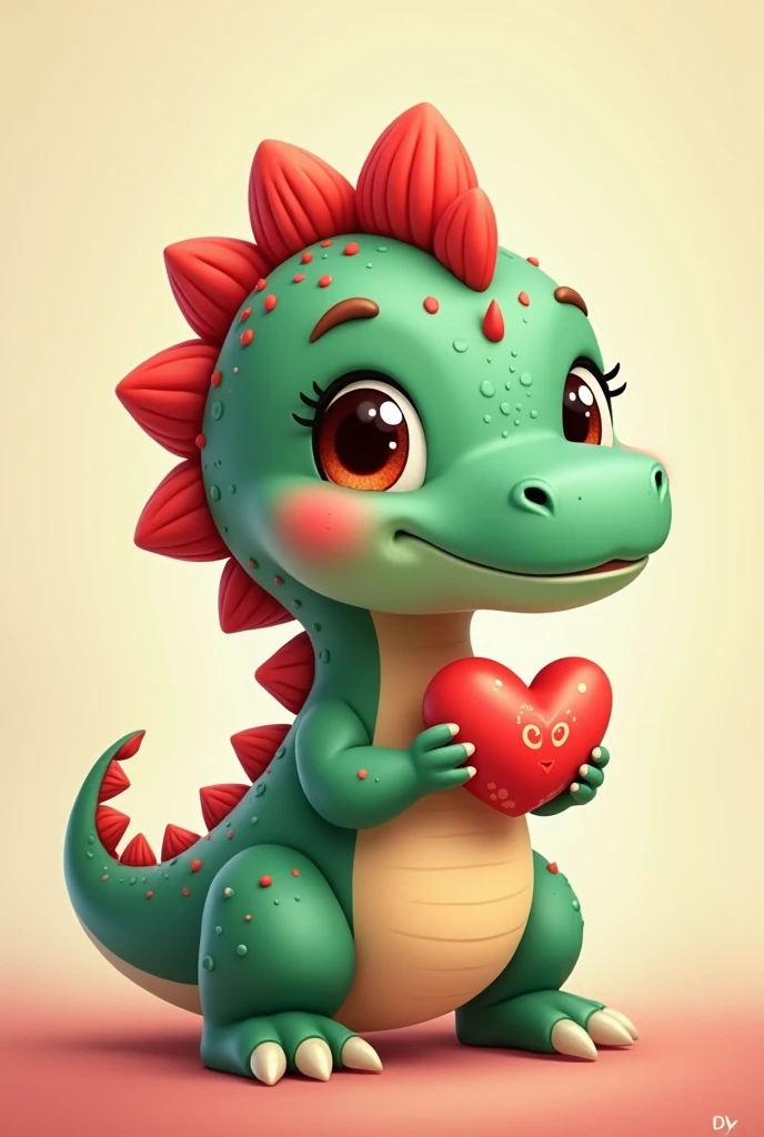 Cute and adorable dinosaur holding a heart, with red hair and green skin