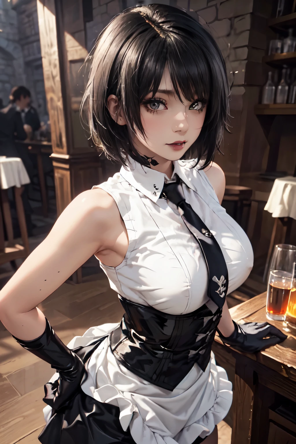 Girl, woman, emo_hairstyle, black lipstick, eyeliner, eye shadow, smoky eyes, realistic lighting, short hair, standing up, shiny skin, arched back, seductive look, seductive smile. Big breast. Sleeveless, short necktie, white body tight shirt, black corset dress, long gloves, Tight clothes, short skirt. Looking at camera. Upper body. Medieval tavern, medieval clothes, waitress.