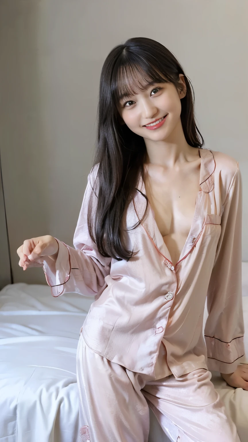 (8k、RAW Photos、Highest quality、masterpiece:1.2)、((Very flat chest、Flat chest:1.7))、((night、Bedroom、smile、pajamas:1.5))、((Nipples:1.3))、(Realistic、Realistic)、1 girl、(On the bed、Lie、naked))、cute