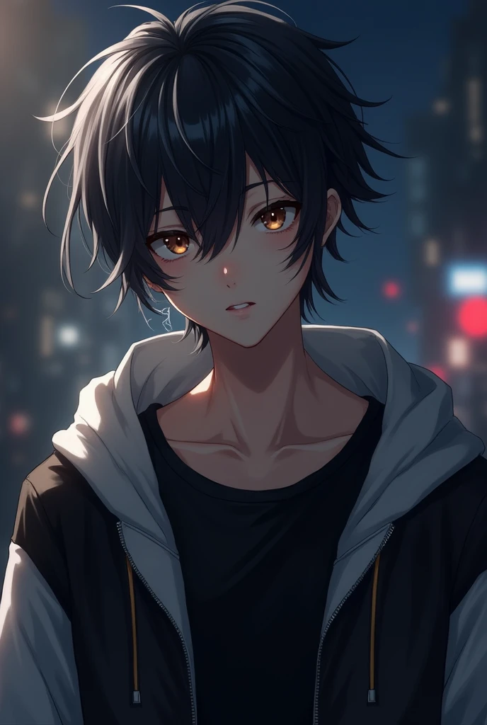 (masterpiece), ((Highest quality)), (masterpiece,Highest quality,Official Art,Highly detailed CG Unity 8K wallpapers)、good looking, alone, 1 male, Black hair with smoky grey tips, Brown eyes, Black Shirt, Black and white hooded, smoking, night, Black light、In a completely different expression