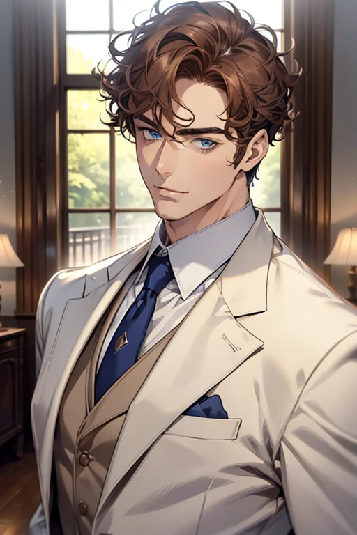 masterpiece, best quality, realistic, 1man, mature male, quiet and charming mature  man, 34 years old, adorable, closed mouth, portrait, extremely detailed face, soft smile, ((dark amber  blue eyes)), ((short-sides-swept curly light brown hair)), [thick eyebrows], living-room, ((white suit))
